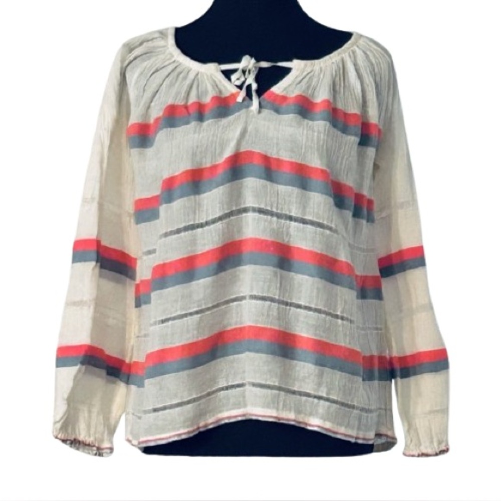 Beach Boho Lemlem Cotton Top Blouse Blue Orange Cream Small Peasant Cottage